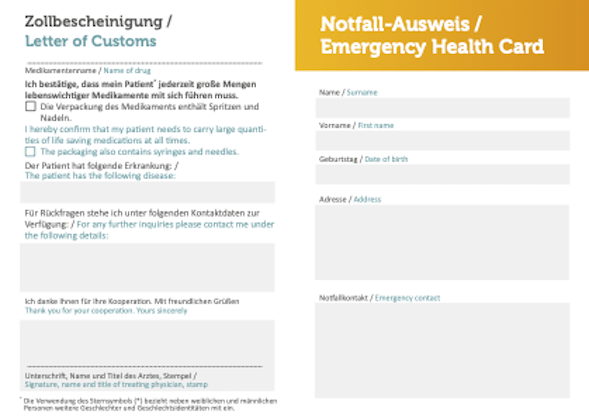 Zollbescheinigung und Notfallausweis für Reisen: Informationen zu Medikamenten und Kontaktdaten, jetzt downloaden