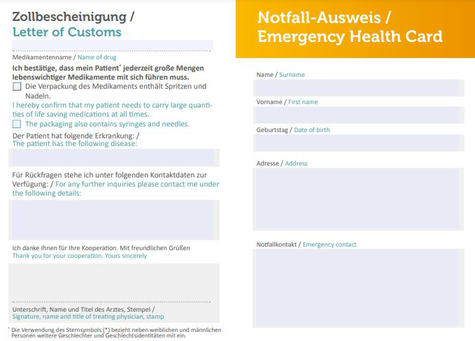 Zollbescheinigung und Notfallausweis für Reisen: Informationen zu Medikamenten und Kontaktdaten, jetzt downloaden